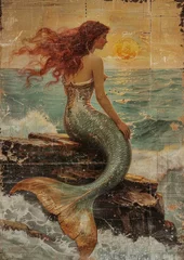 Vintage mermaid ocean sunset art