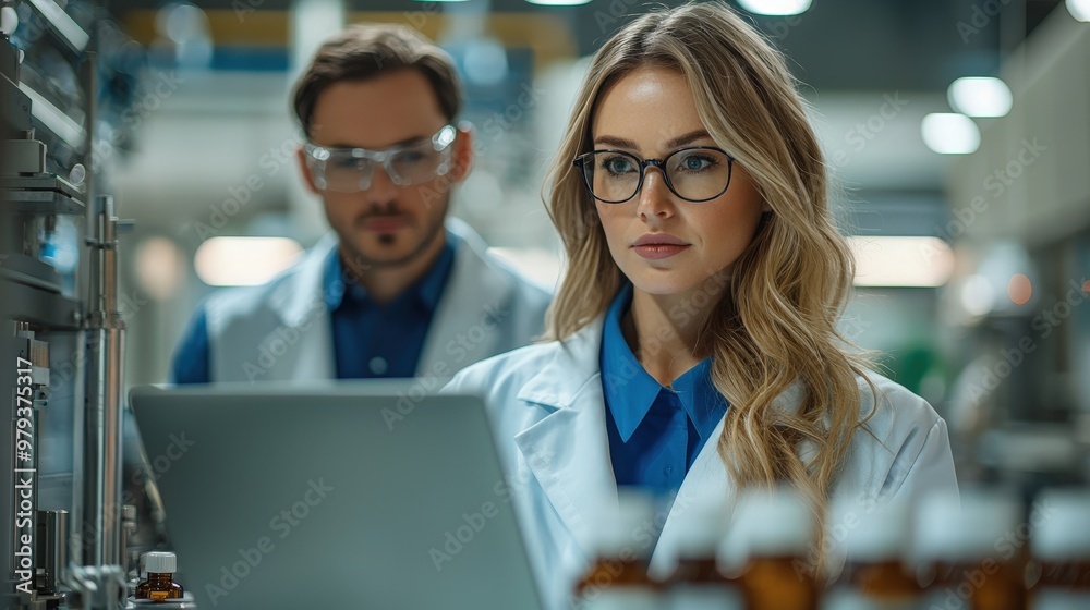Poster a laboratory team collaborates on pharmaceutical research, with one scientist analyzing data on a la