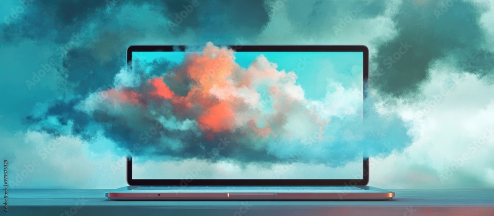 Poster clouds displayed on a laptop screen mixed media concept
