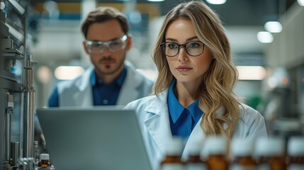 A laboratory team collaborates on pharmaceutical research, with one scientist analyzing data on a laptop while the other observes, surrounded by equipment and solutions
