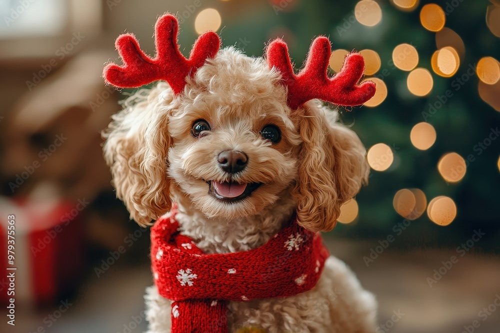 Poster A playful dog with curly fur wears red antlers and a cozy scarf while sitting near a beautifully lit Christmas tree, radiating happiness and festive charm