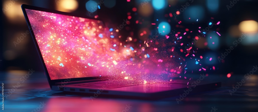 Poster illuminated laptop with a creative blend of digital elements