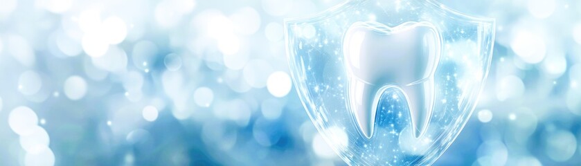 Tooth surrounded by shield on blurred background with bokeh, banner, tooth protection concept