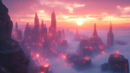 Obraz premium A mystical cityscape at sunset, shrouded in mist and glowing lights.