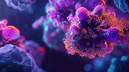 Fototapeta premium Abstract visualization of virus particles in vibrant colors, representing microscopic life and scientific exploration.