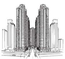 High rise building sketch. Line art © pylypchuk25