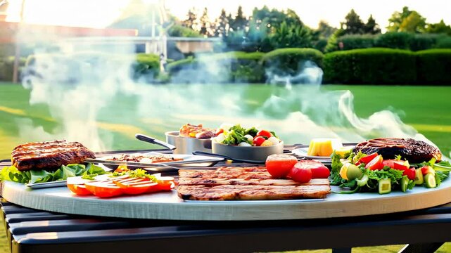 Outdoor barbecue setup with a variety of grilled meats and vegetables, surrounded by smoke and a lush green garden background, creating a perfect summer dining
