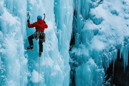 Climber Ascending a Frozen Waterfall