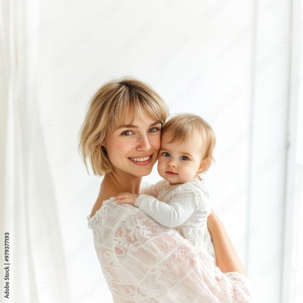 Poster Happy young caucasian mother embracing her baby girl portrait background blonde.