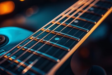 Fototapeta premium A detailed view of a guitar's strings and frets, beautifully captured in soft, warm lighting in a studio setting.