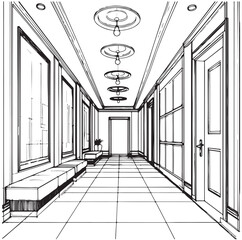 Corridor lobby graphic black white interior sketch illustration vector, hallway