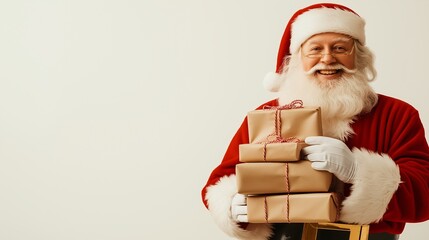 Santa's Gift Delivery: Jolly Santa Claus beams with festive cheer, arms laden with beautifully wrapped Christmas presents, ready to spread holiday magic. 