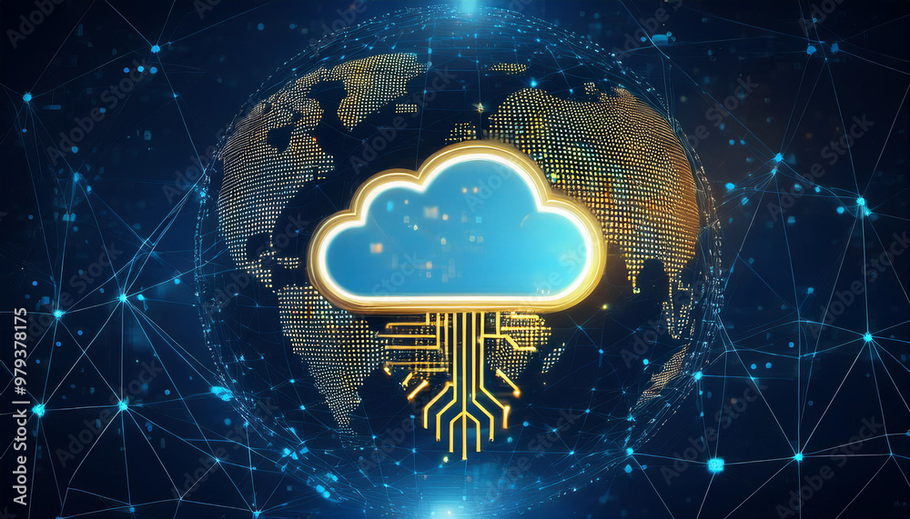 Wall mural a cloud computing concept with a golden cloud symbol connected to a global network of interconnected