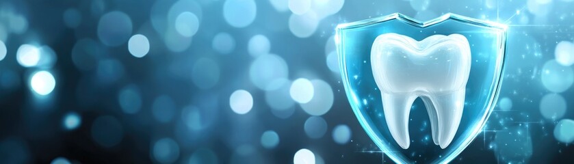 Tooth surrounded by shield on blurred background with bokeh, banner, tooth protection concept