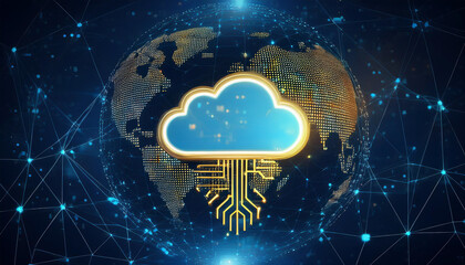 A cloud computing concept with a golden cloud symbol connected to a global network of interconnected lines and nodes, representing the interconnectedness of cloud-based technologies worldwide.