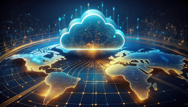 A cloud computing concept with a golden cloud symbol connected to a global network of interconnected lines and nodes, representing the interconnectedness of cloud-based technologies worldwide.
