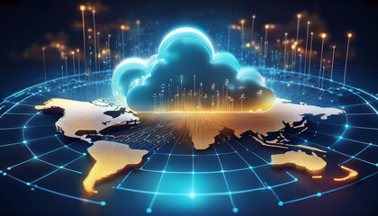 A cloud computing concept with a golden cloud symbol connected to a global network of interconnected lines and nodes, representing the interconnectedness of cloud-based technologies worldwide.