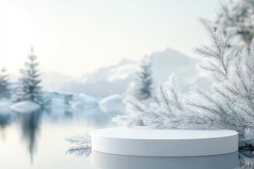White Podium with Snowy Pine Branches in a Winter Scene