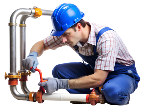 Plumber repairing pipes, isolated on transparent background