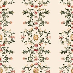 Vintage tapestry graceful garland border pattern on vintage beige fabric background, seamless repeating pattern, textile print style, minimal, tapestry design, seamless graceful garland border pattern