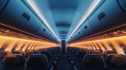 Empty airplane cabin with illuminated seats and modern interior lighting