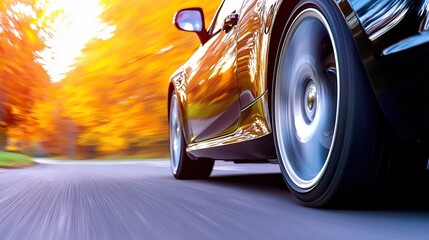 Golden Car in Autumn Landscape