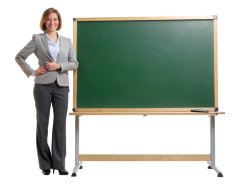 Teacher next to school board isolated on transparent background, school and classroom scene