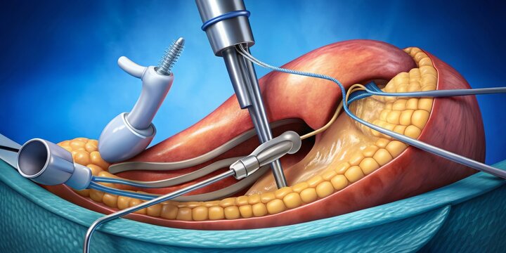 Detailed illustration of the stapling process during a laparoscopic cholecystectomy, with the staples being applied to the gallbladder duct