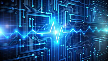 Obraz premium A futuristic digital backdrop with a 3D representation of an ECG waveform, focusing on the QRS duration segment in bright blue, surrounded by subtle