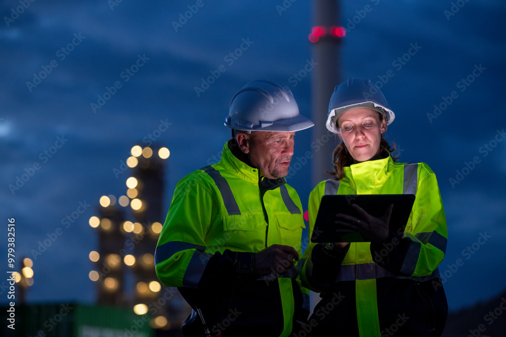 Wall mural engineer wear uniform and helmet stand workplace hand holding tablet and laptop computer, survey ins