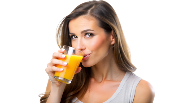 Woman drinking orange juice isolated on transparent background, healthy drink and vitamin boost