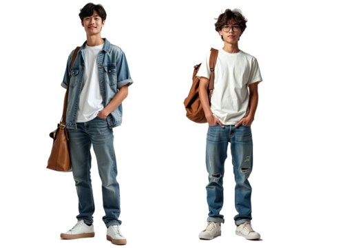 man wearing t-shirt and jeans with bag  on transparent background