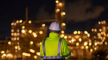 Engineer wear uniform and helmet stand workplace hand holding tablet and laptop computer, survey...