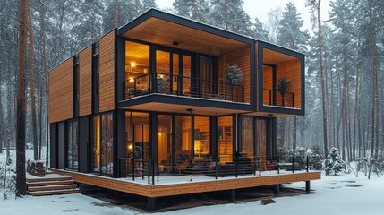 Obraz premium Modern wooden house in snowy forest with warm lighting from windows