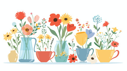Trendy Glass Vase with Colorful Cups of Tea or Coffee