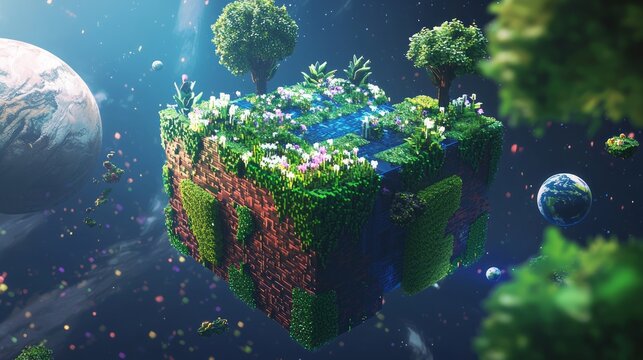 Enigmatic 3D Cube-Shaped Alien Planet with Pixelated Landscapes, Unique Flora, and Extraterrestrial Beings