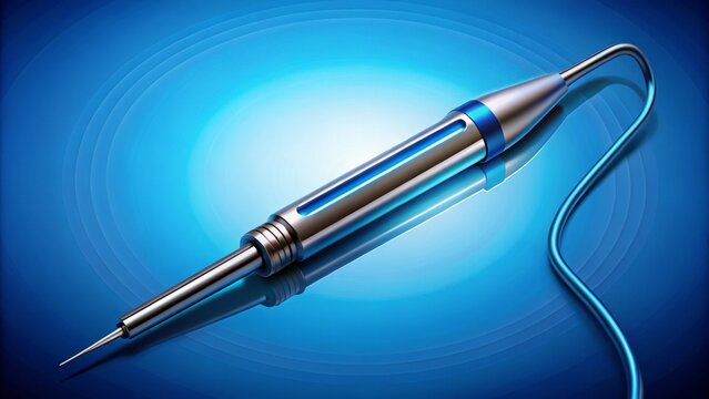 Create an illustration of a surgical electrocautery tool with a curved tip and ergonomic handle against a gradient blue background, demonstrating precise lines, vibrant colors