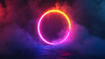 Vibrant Neon Circle Amidst Colorful Fog and Smoke