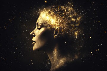 Female profile with golden energy tendrils flowing from her head symbolizing abstract thought cosmic connectivity and the vast network of the human mind