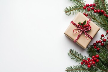 A Wrapped Gift Adorned with Holly and Pine Branches