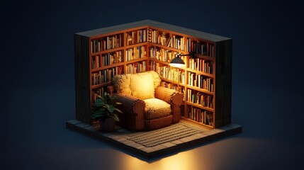 Pixelated Bliss: 3D Cube Reading Nook with Cozy Chair and Warm Lamp Glow