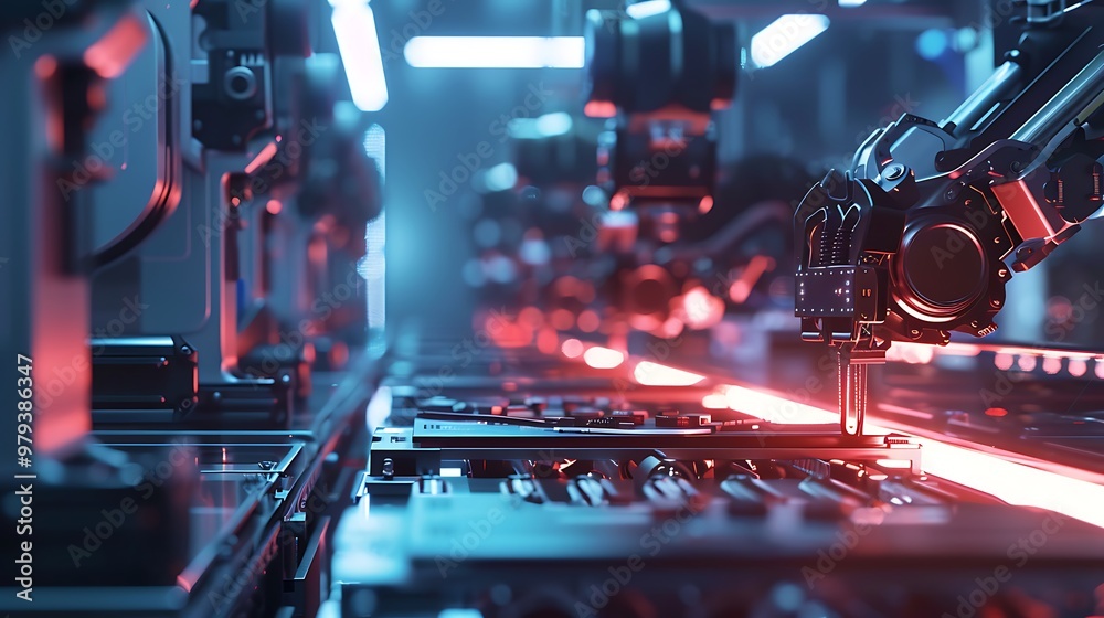 Poster close-up of a robotic arm working on an assembly line in a futuristic factory setting.