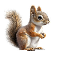 Adorable squirrel with fluffy tail holding a nut, isolated on a white background in a realistic illustration, Cutout, Isolated on White Background