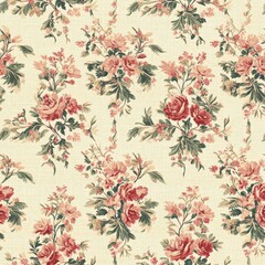 Vintage Victorian floral tapestry pattern on vintage beige fabric background, seamless repeating pattern, textile print style, minimal, Victorian design, seamless floral tapestry pattern, home decor
