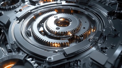 Retro-Futuristic Metallic Gears and Vintage Spacecraft in a Sci-Fi Setting