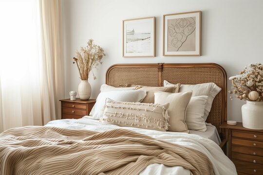 Cozy and elegant neutral-toned bedroom with rattan headboard and layered textured pillows, featuring minimalist wall art