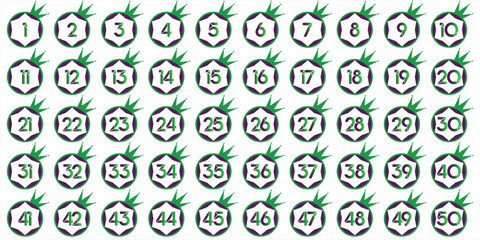 Numbers, 1 to 50 premium purple green king crown circle