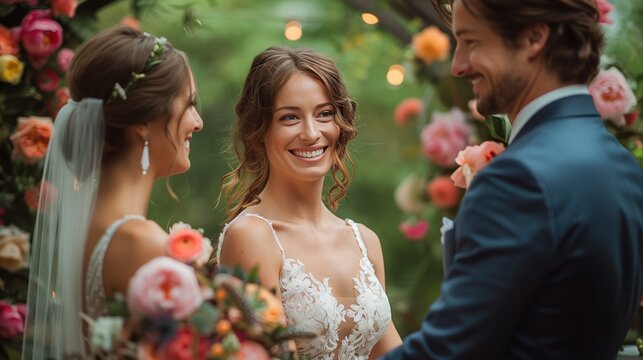 Joyful Wedding Ceremony with Bride and Groom Surrounded by Colorful Floral Arrangements at an Outdoor Alter Setting