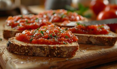 Spreading on Bread, Close-up of a knife spreading Passata sauce on a slice of rustic bread