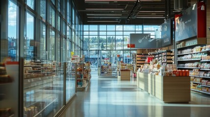 Bright, modern grocery store interior with shelves stocked and large windows for natural light.